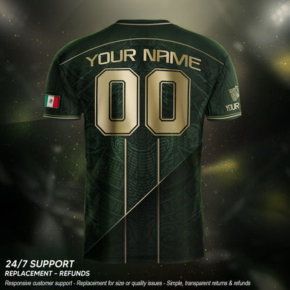 Mexico Soccer Jersey Personalized Name Number Green Aztec Sun Stone Design Kit