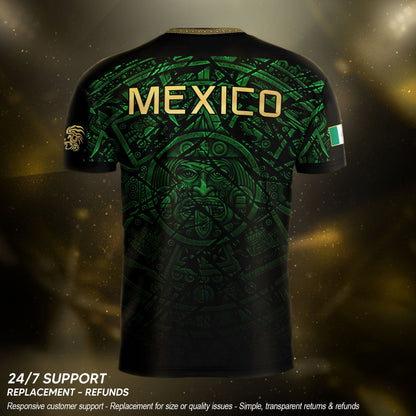 Mexico Soccer Jersey Green Black Aztec Sun Stone - Mexico Fan Heritage Style Shirt
