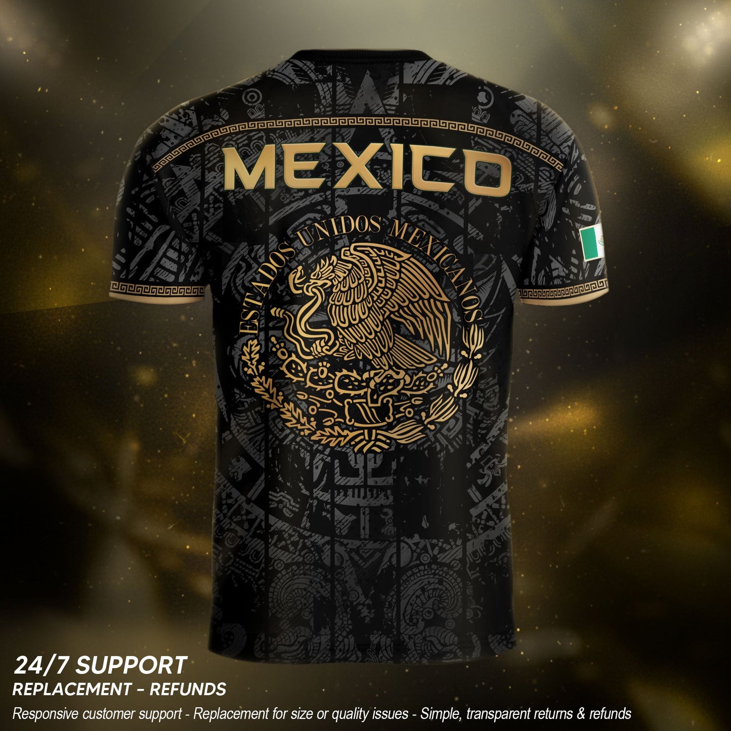 Mexico Soccer Jersey Black Eagle Crest - Aztec Sun Stone Heritage Fan Football Shirt
