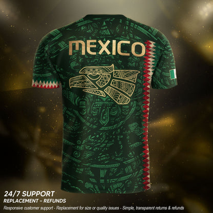 Mexico Soccer Jersey Green Gold Aztec Sun Stone - Mexico National Team Fan Heritage Shirt