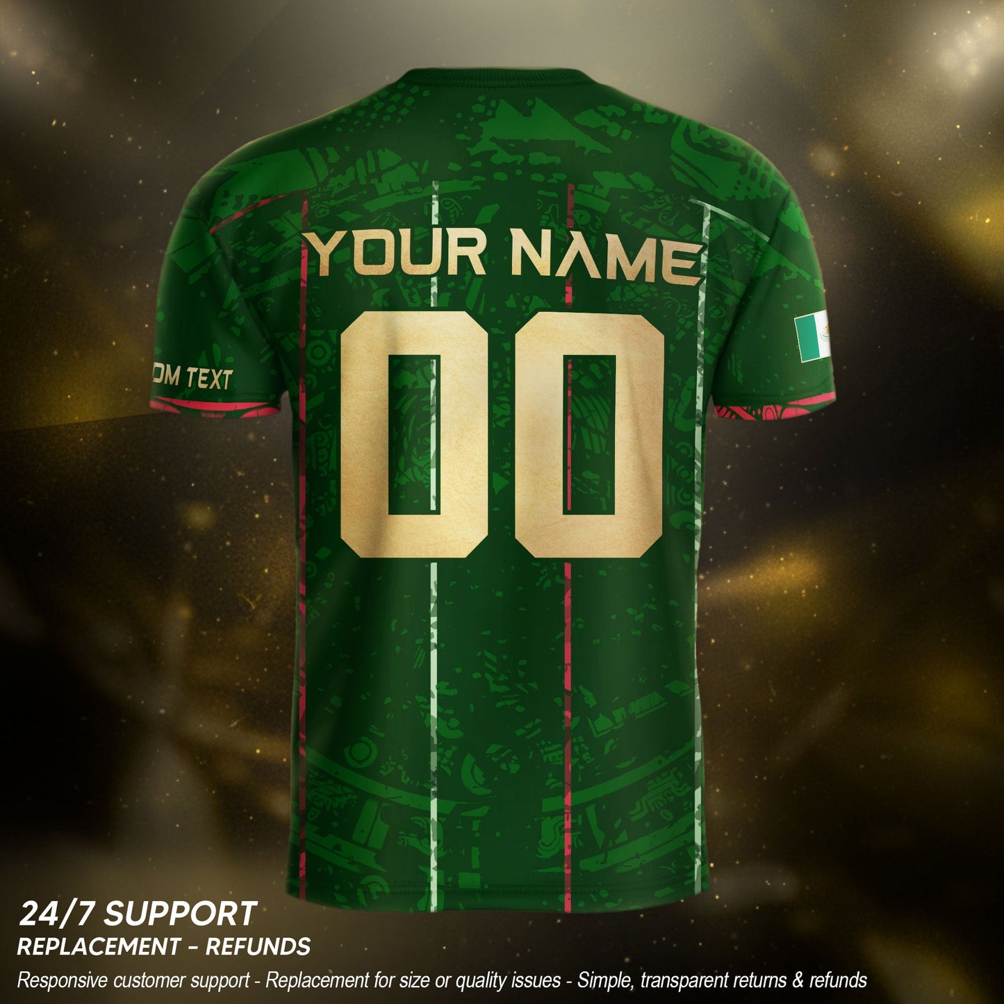 Custom Mexico Soccer Jersey – Green Aztec Pattern Striped Football Shirt with Custom Name Number