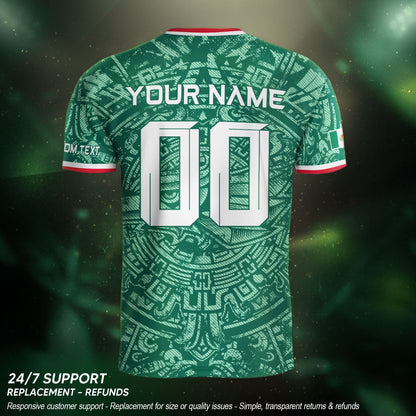 Mexico Soccer Jersey Custom Name - Green Aztec Calendar & Eagle Heritage Football Shirt