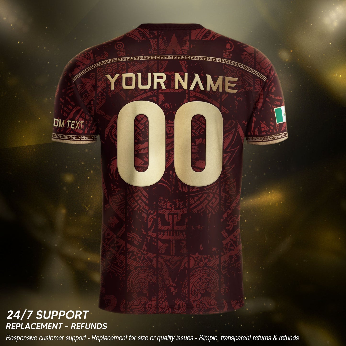 Personalized Mexico Soccer Jersey - Maroon Gold Aztec Calendar Heritage Football Shirt