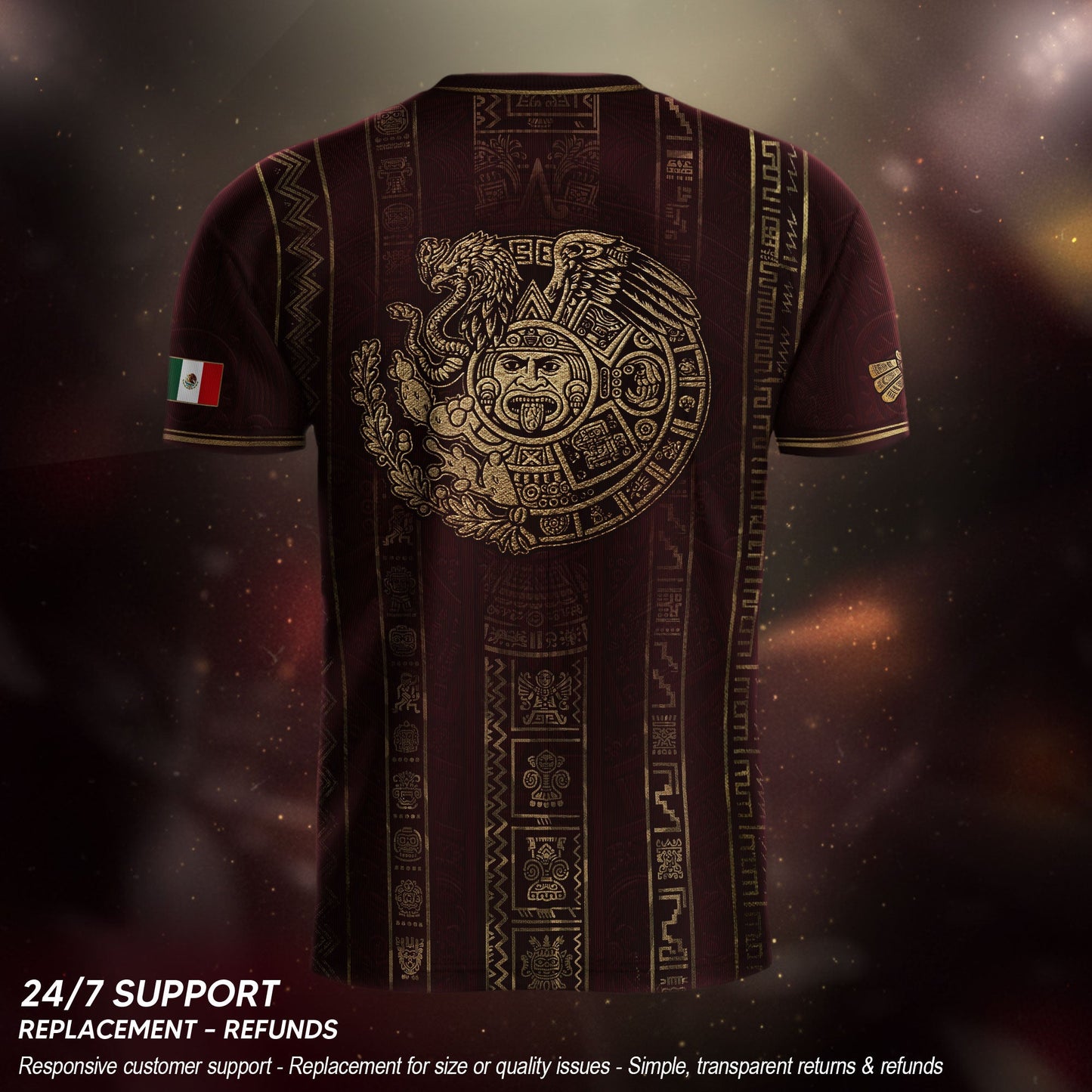 Mexico Soccer Jersey - Maroon & Gold Aztec Sun Stone Heritage Football Shirt
