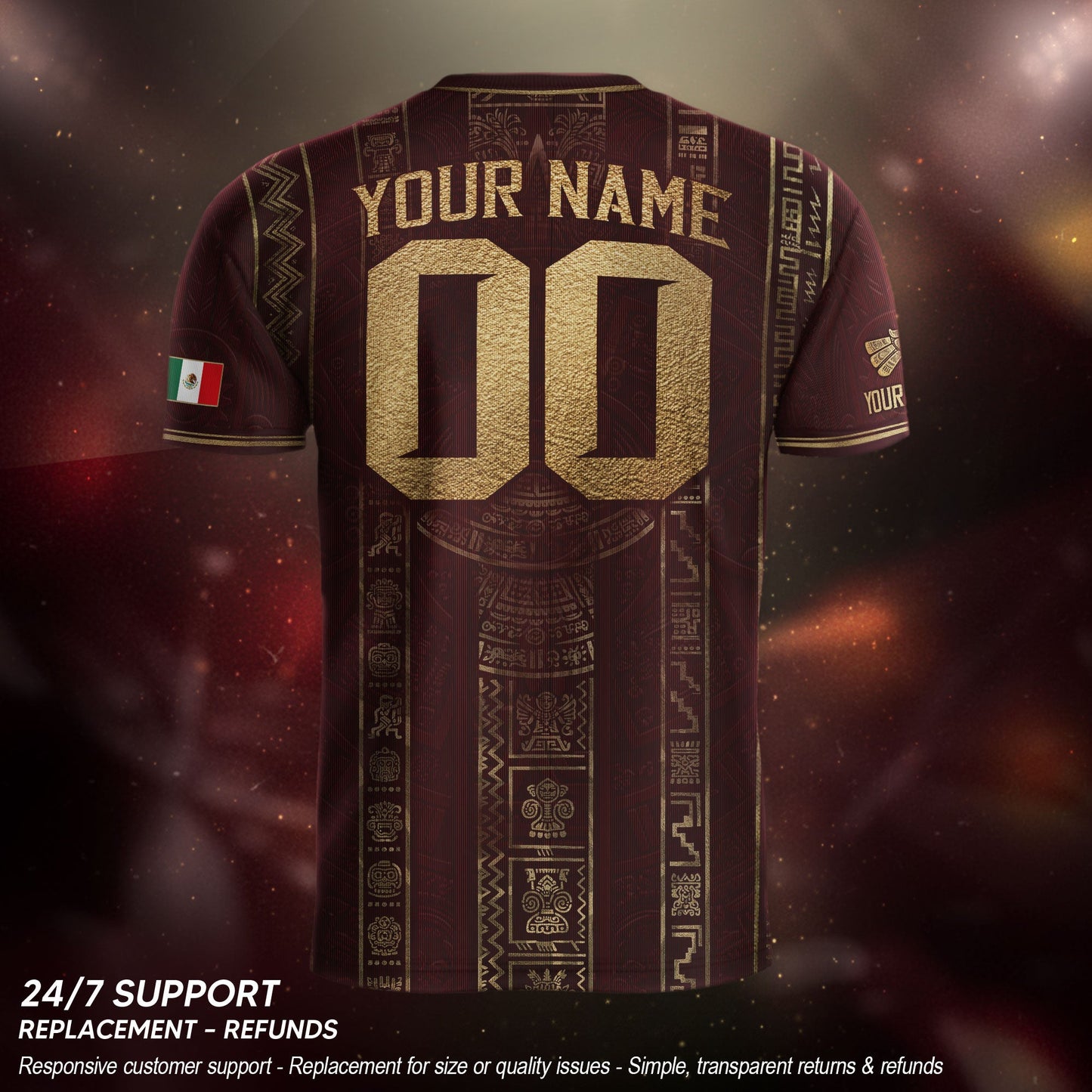 Mexico Soccer Jersey Custom Name Number Aztec Calendar Maroon Shirt