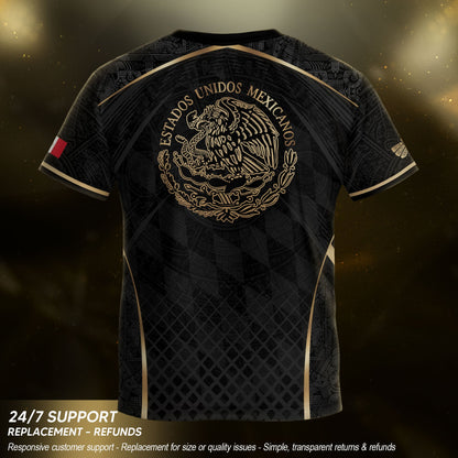 Aztec Inspired Black Gold Football Shirt for Youth, Mexico Soccer Jersey Retro Style Wear