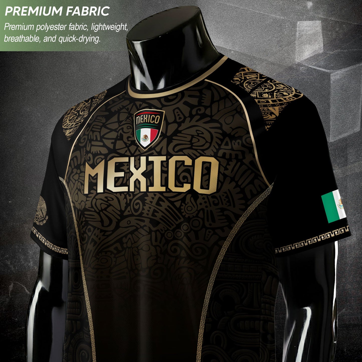 Mexico Heritage Black Tan Arch Design Aztec Empire Pride Graphic Soccer Jersey