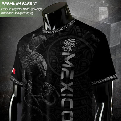 Mexico Coat of Arms Black Silver Eagle Snake Battle Aztec Calendar Heritage Soccer Jersey