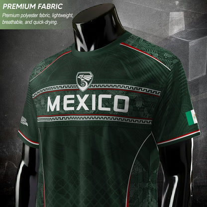 Mexico Soccer Green White Aztec Pattern Football Design - Mexico Fan Heritage Style Shirt