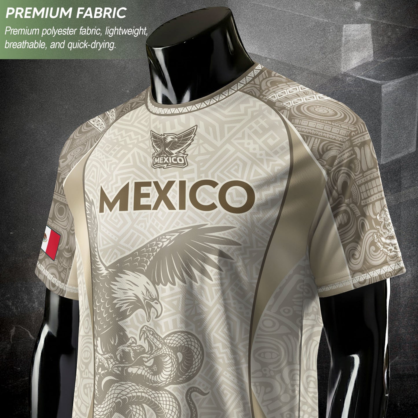 Mexico Beige Aztec Eagle Snake Heritage Soccer Jersey Mexican Pride Design
