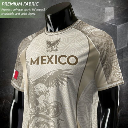 Mexico Beige Aztec Eagle Snake Heritage Soccer Jersey Mexican Pride Design