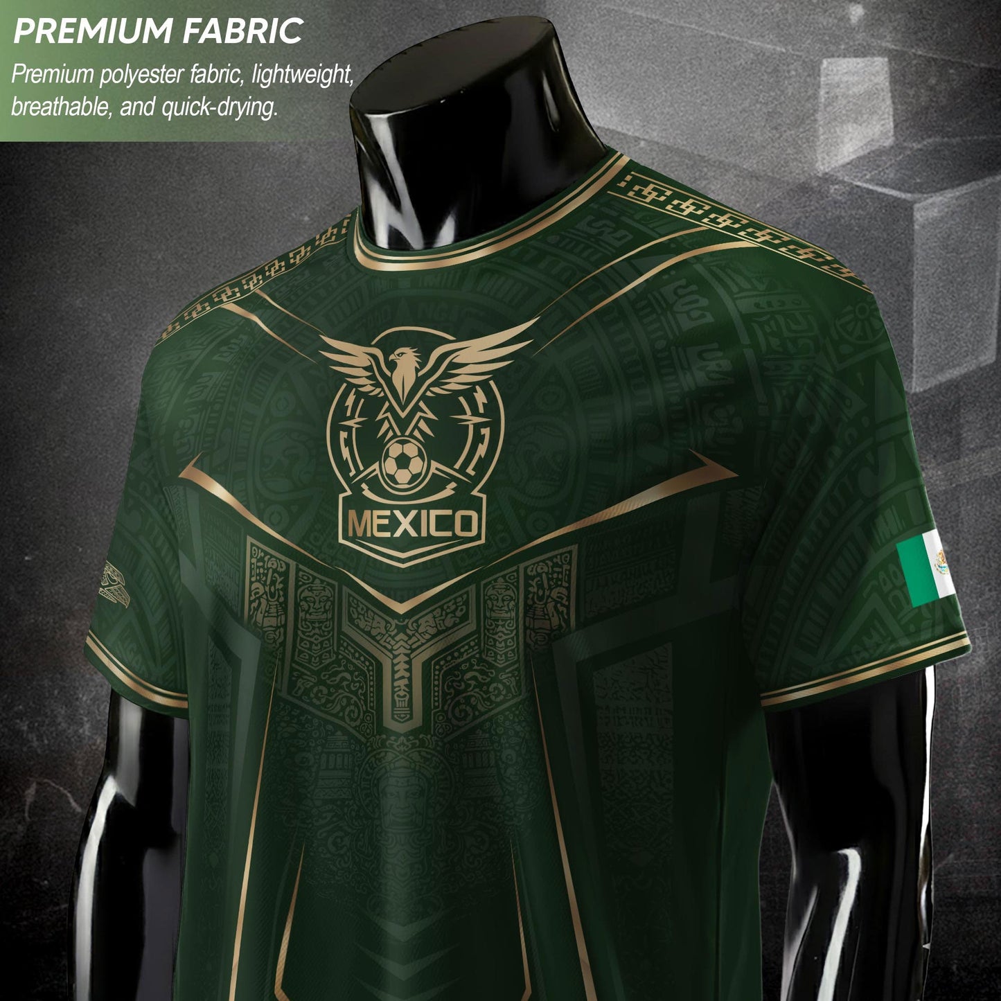 Mexico Soccer Jersey Men Aztec Warrior Green Gold Football Shirt Fan Edition Tee