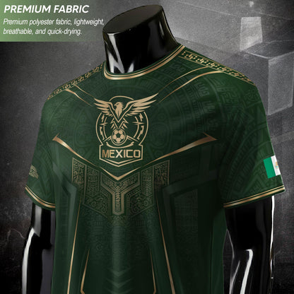 Mexico Soccer Jersey Men Aztec Warrior Green Gold Football Shirt Fan Edition Tee