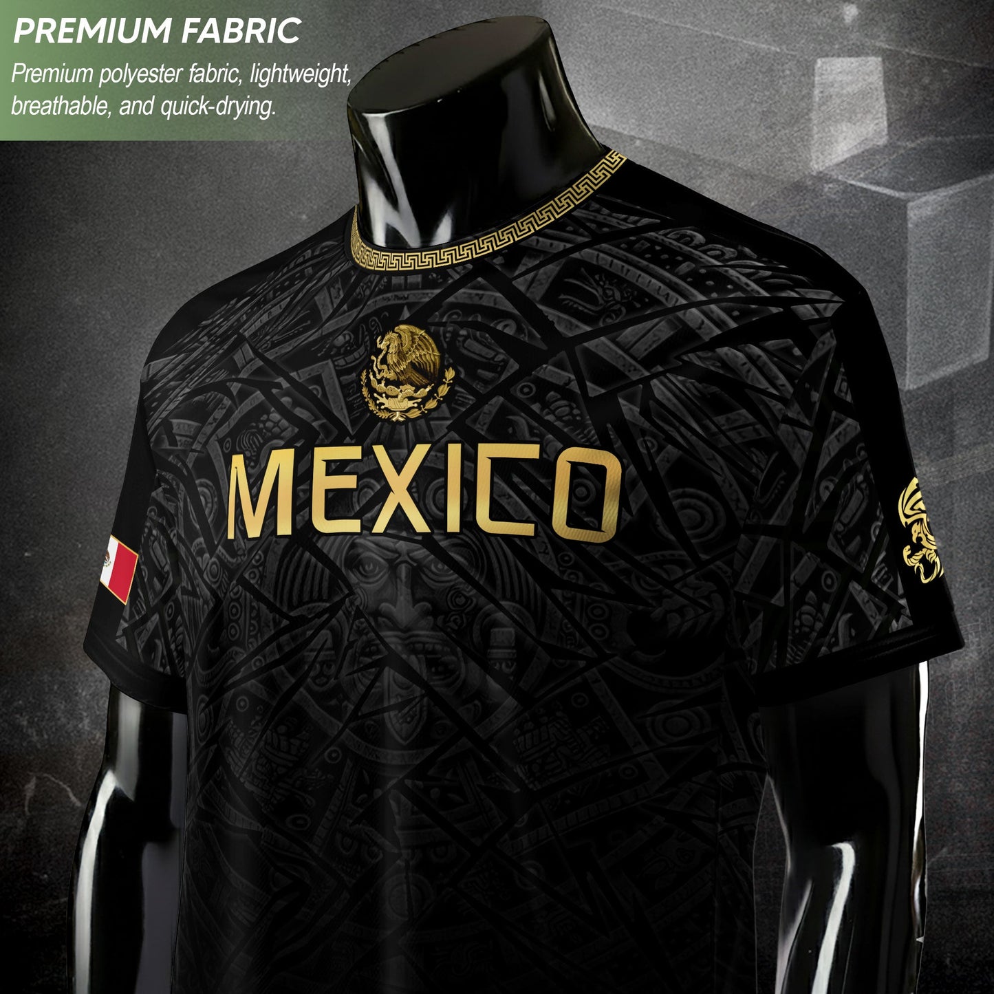 Mexico Soccer Jersey Black Gold Aztec Pattern – Football Shirt for Men Fans