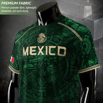 Mexico Soccer Jersey Green Eagle Crest - Aztec Sun Stone Heritage Fan Football Men Shirt