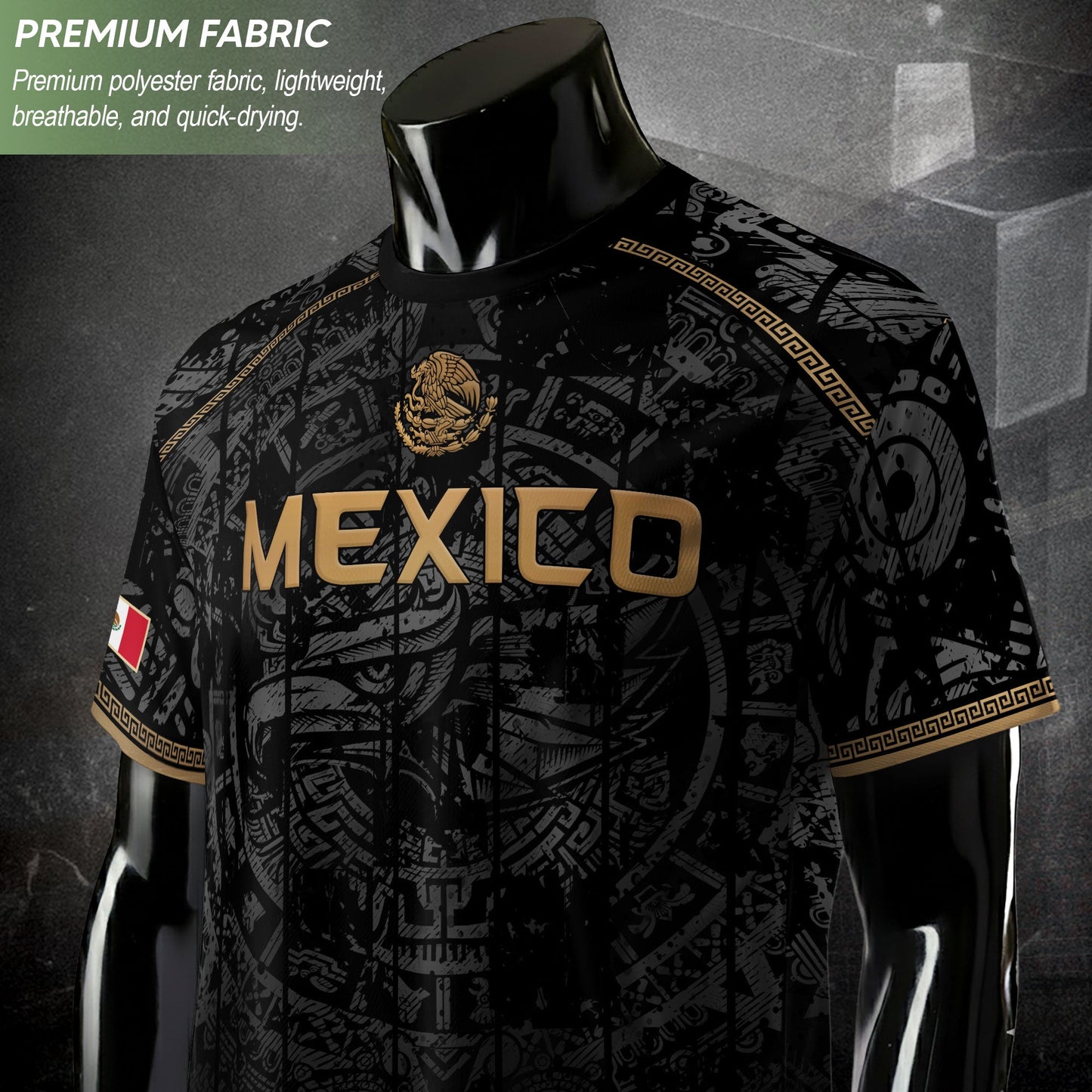 Mexico Soccer Jersey Black Eagle Crest - Aztec Sun Stone Heritage Fan Football Shirt