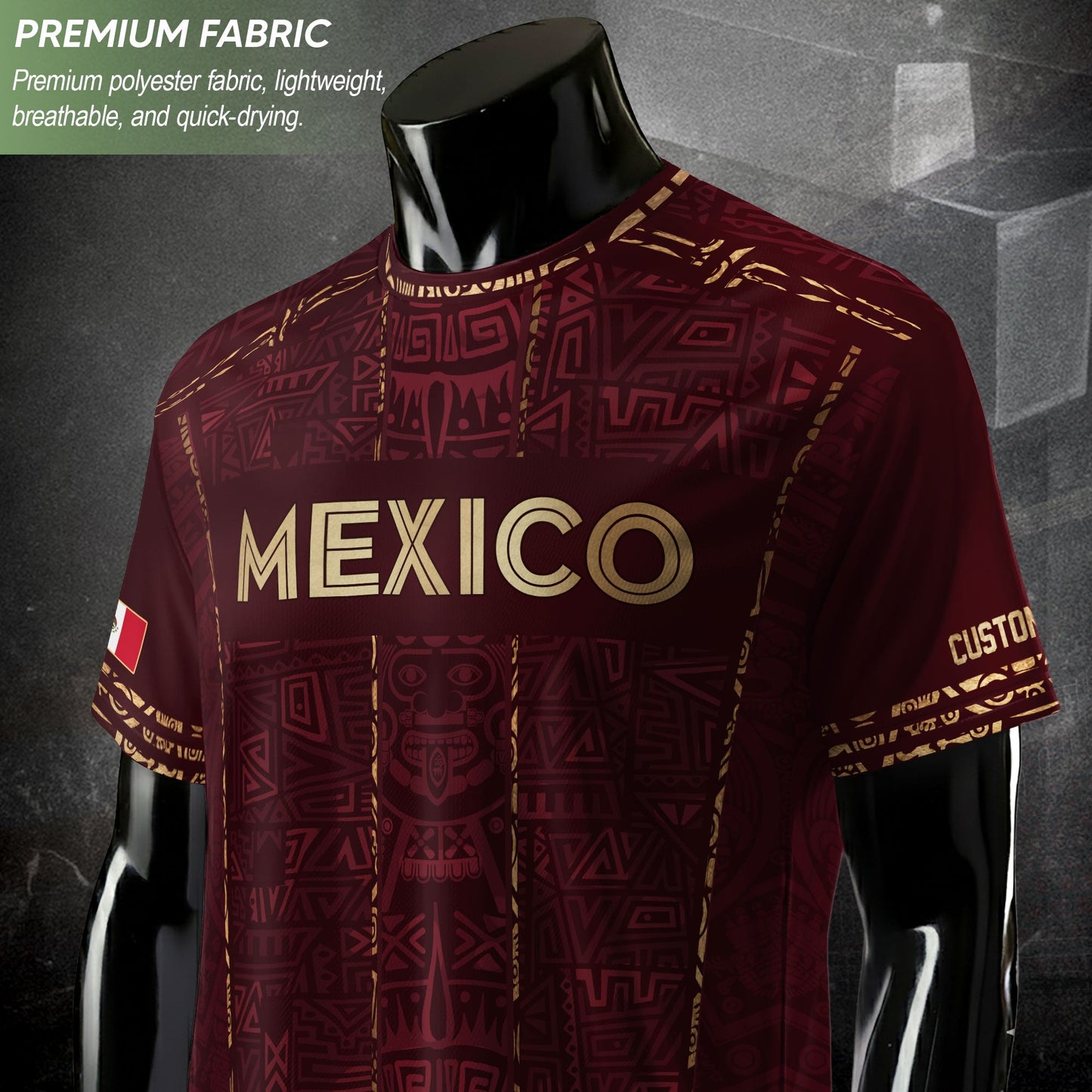 Mexico Soccer Jersey - Aztec Mayan Heritage Pattern - Personalized Maroon Football Shirt