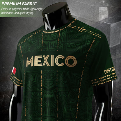 Mexico Soccer Jersey Custom Name - Green Aztec Heritage Pattern Tribal Football Shirt
