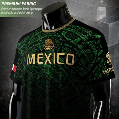 Custom Mexico Soccer Jersey – Green Aztec Calendar Pattern Black Football Shirt