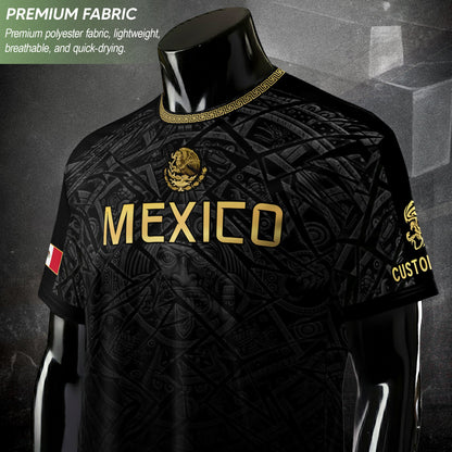 Custom Mexico Soccer Jersey – Black Aztec Heritage Pattern Personalized Football Shirt