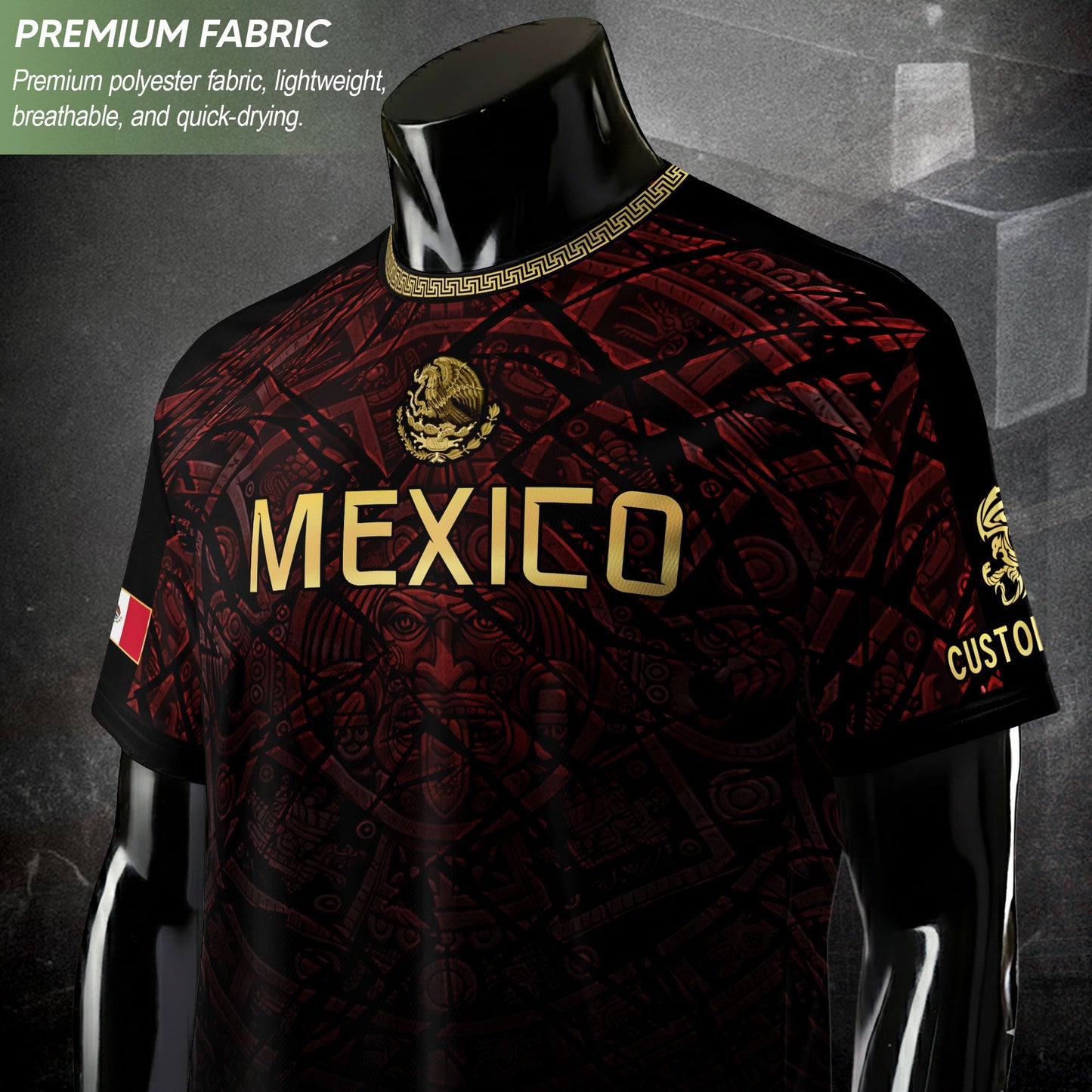 Custom Mexico Soccer Jersey – Maroon Black Aztec Heritage Pattern Personalized Football Shirt