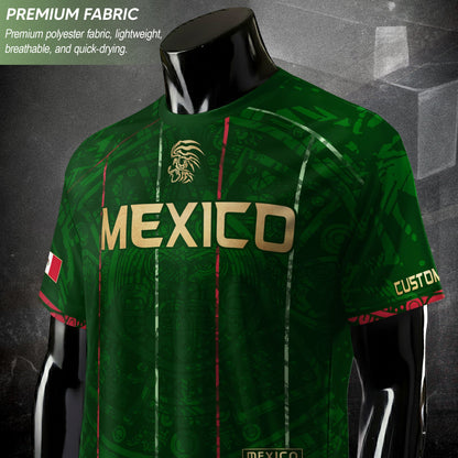 Custom Mexico Soccer Jersey – Green Aztec Pattern Striped Football Shirt with Custom Name Number