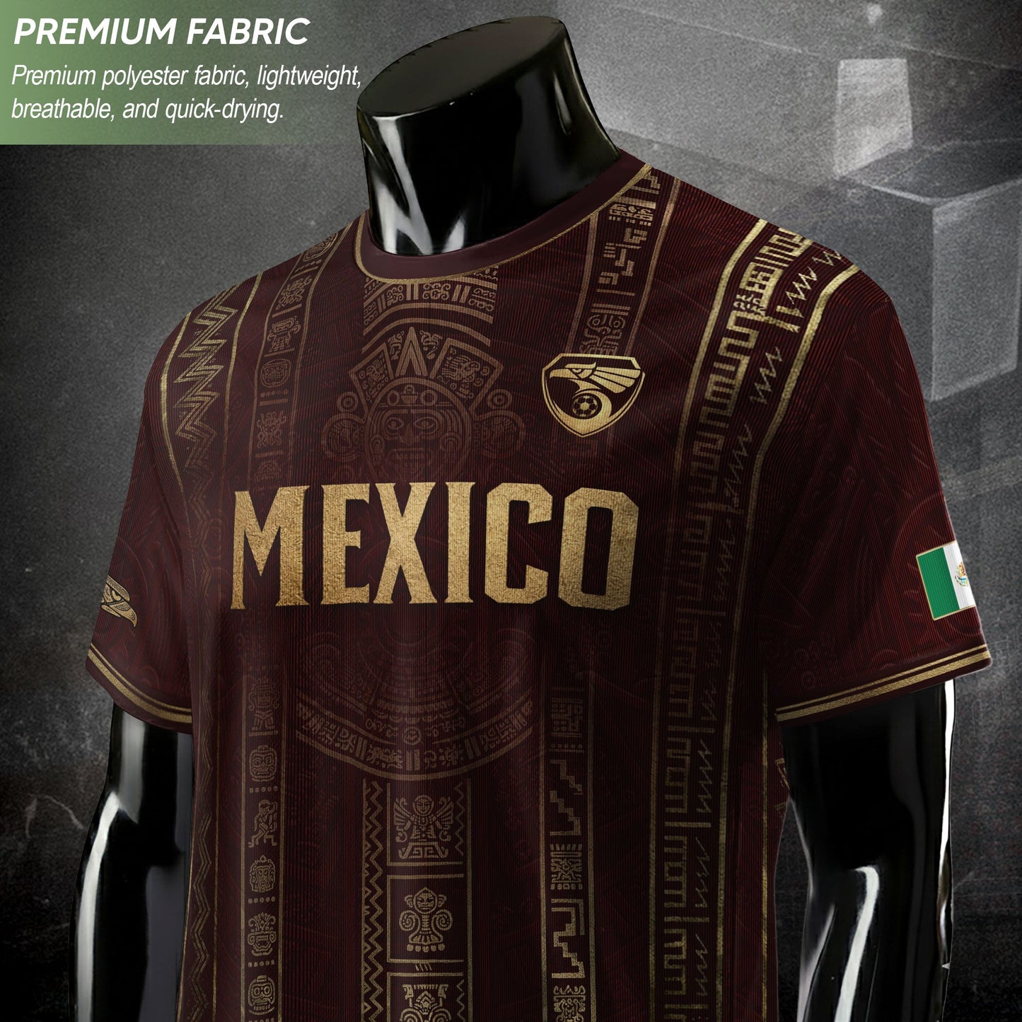 Mexico Soccer Jersey - Maroon & Gold Aztec Sun Stone Heritage Football Shirt