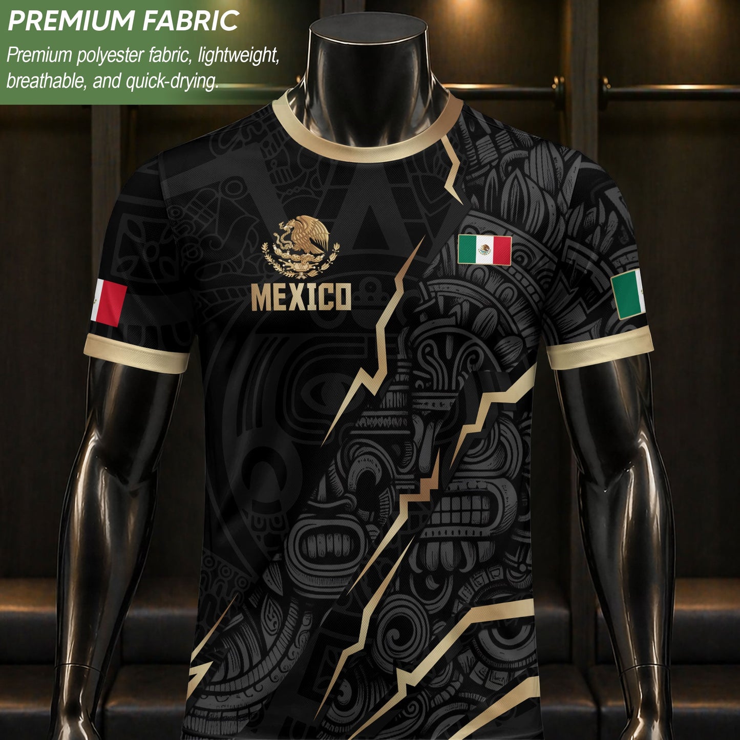 Black Mexico Soccer Jersey Aztec Calendar Design Gold Eagle Heritage Football Shirt