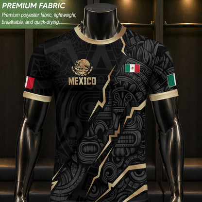 Black Mexico Soccer Jersey Aztec Calendar Design Gold Eagle Heritage Football Shirt
