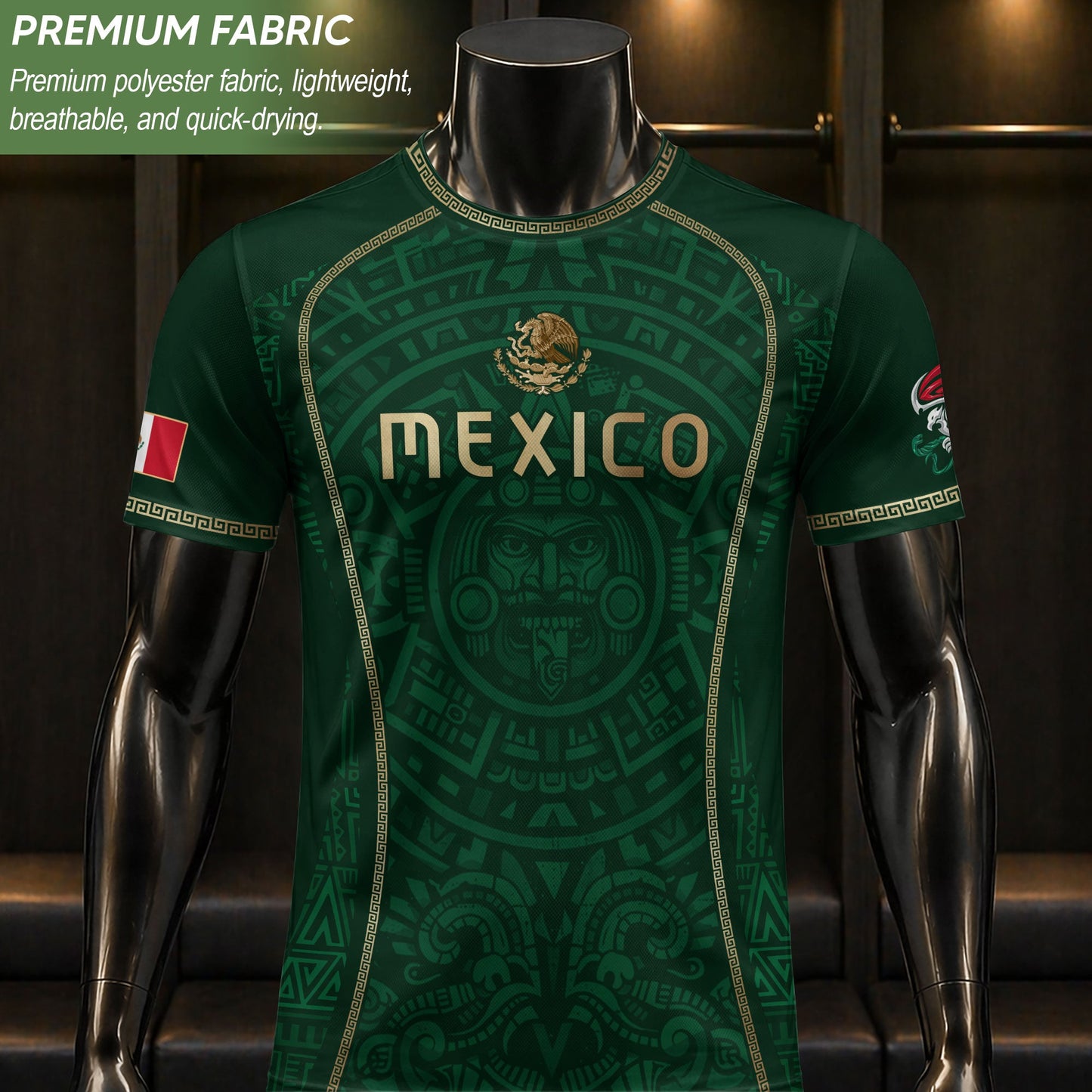 Green Mexico Soccer Jersey Aztec Sun Calendar Mexican Football Shirt for Fans