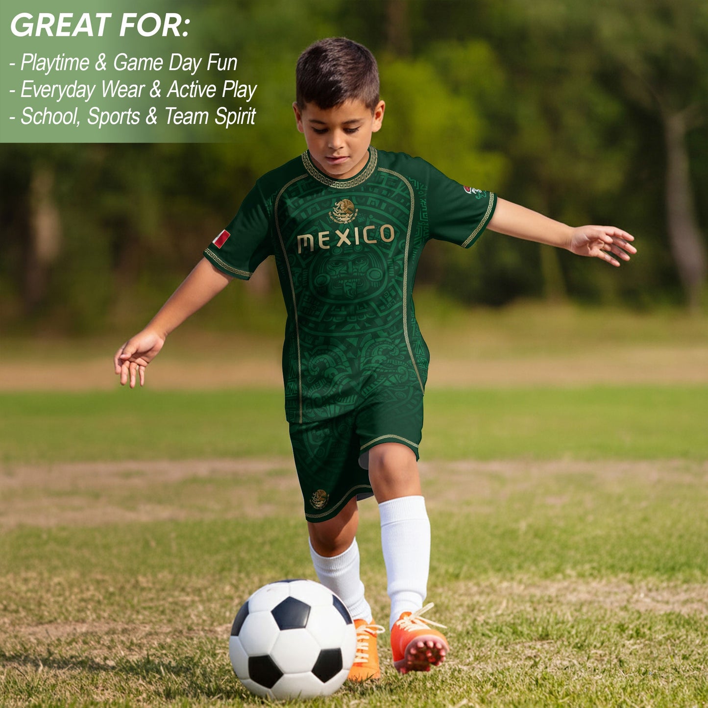 Mexico Kids Soccer Jersey Green Aztec Calendar Gold Youth Football Shirt Toddler Kit
