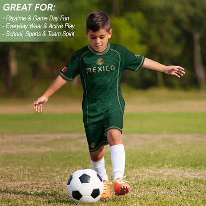 Mexico Kids Soccer Jersey Green Aztec Calendar Gold Youth Football Shirt Toddler Kit