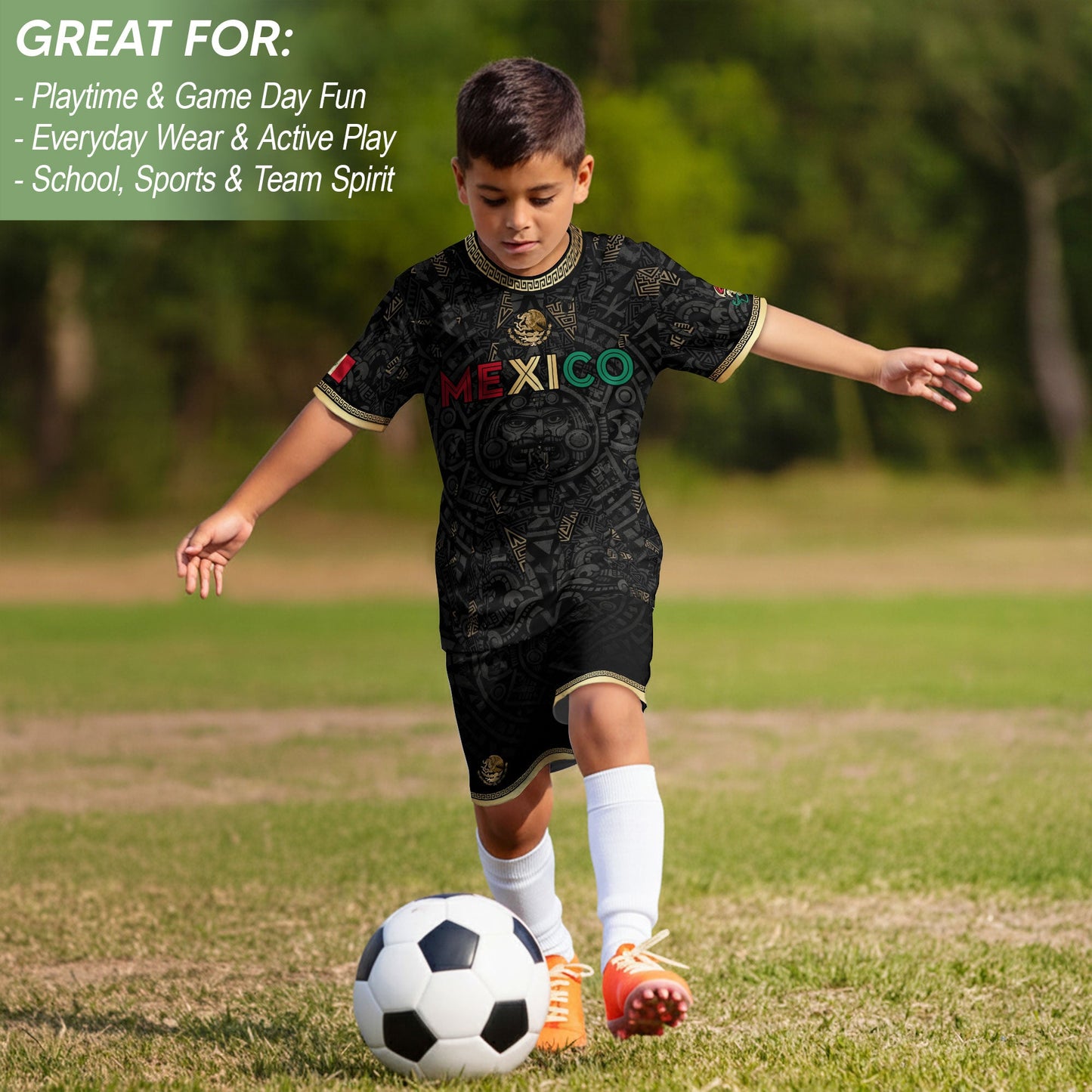 Mexico Kids Soccer Jersey Black Aztec Calendar Tricolor Gold Youth Football Shirt