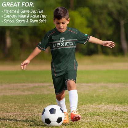 Youth Mexico Soccer Jersey Green National Coat of Arms Aztec Heritage Football Shirt Set
