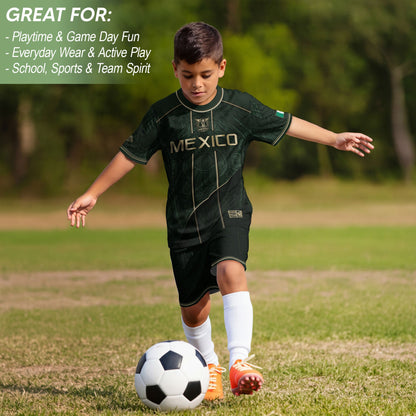Youth Mexico Soccer Jersey Black Gold National Coat of Arms Heritage Football Shirt Set