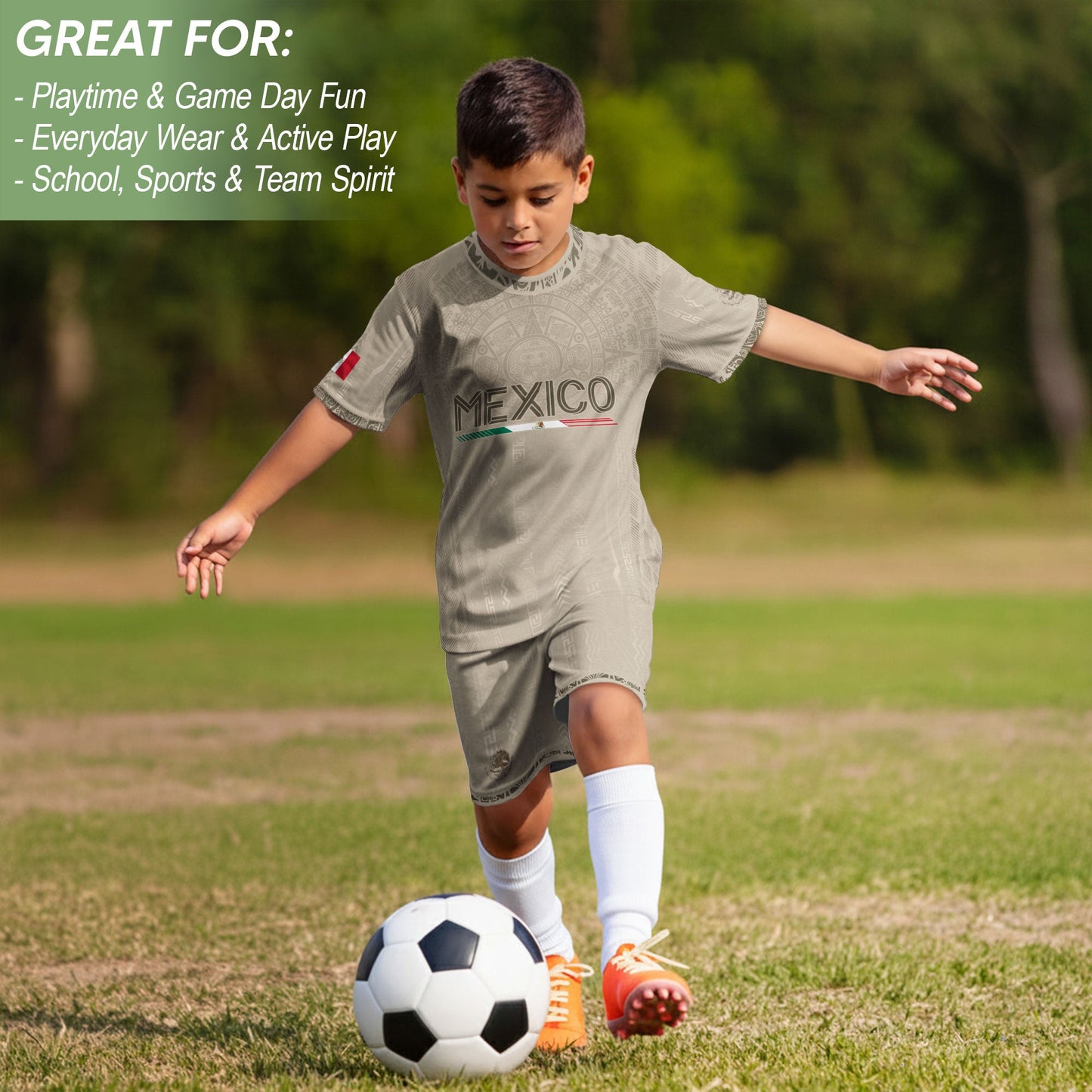 Mexico Soccer Jersey Kid Youth Aztec Calendar Beige Football Shirt Set