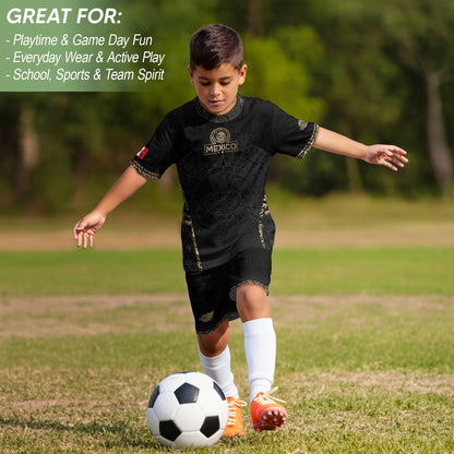 Mexico Kids Soccer Jersey Youth Black Gold Aztec Calendar Eagle Heritage Football Shirt