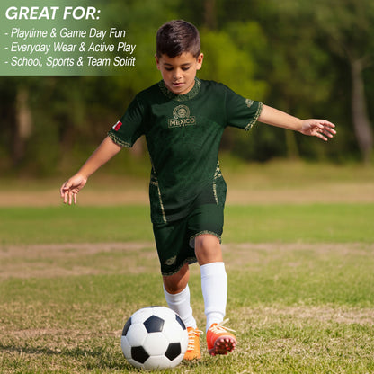 Mexico Kids Soccer Jersey Youth Green Gold Aztec Calendar Eagle Heritage Football Shirt
