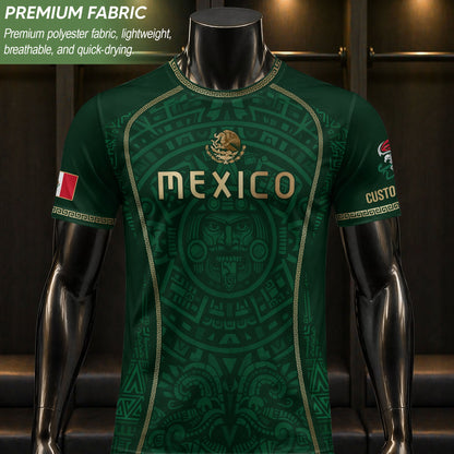 Custom Mexico Soccer Jersey Green Aztec Calendar Culture Men Mexican Football Shirt
