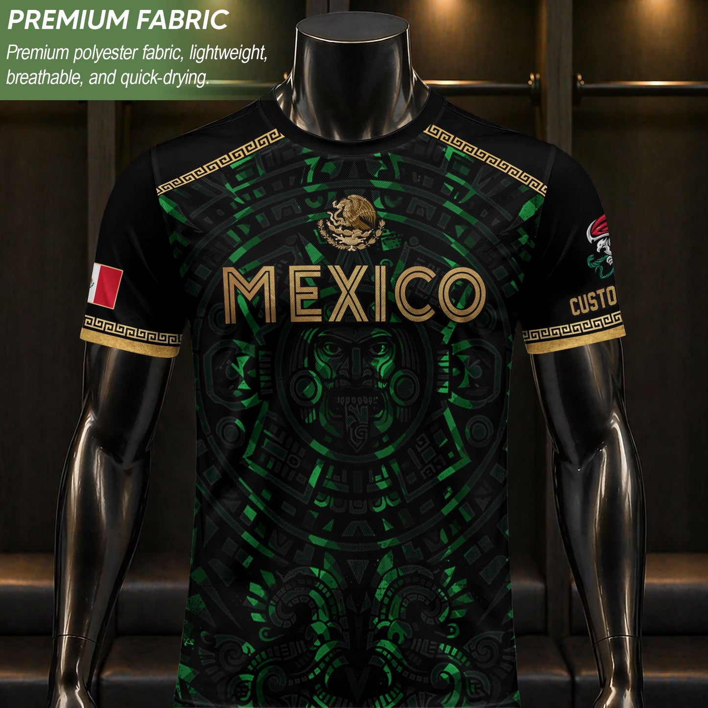 Custom Mexico Soccer Jersey Green Men Aztec Calendar Heritage Mexican Football Shirt