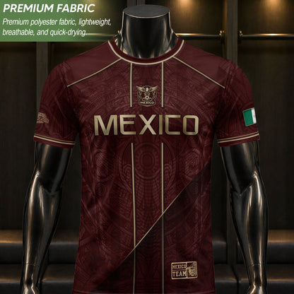 Mexico Soccer Jersey Men Maroon Gold Heritage Football Shirt Aztec Style Top