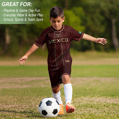 Mexico Football Fan Shirt with Maroon Gold Heritage Aztec Design, Retro Soccer Jersey Youth