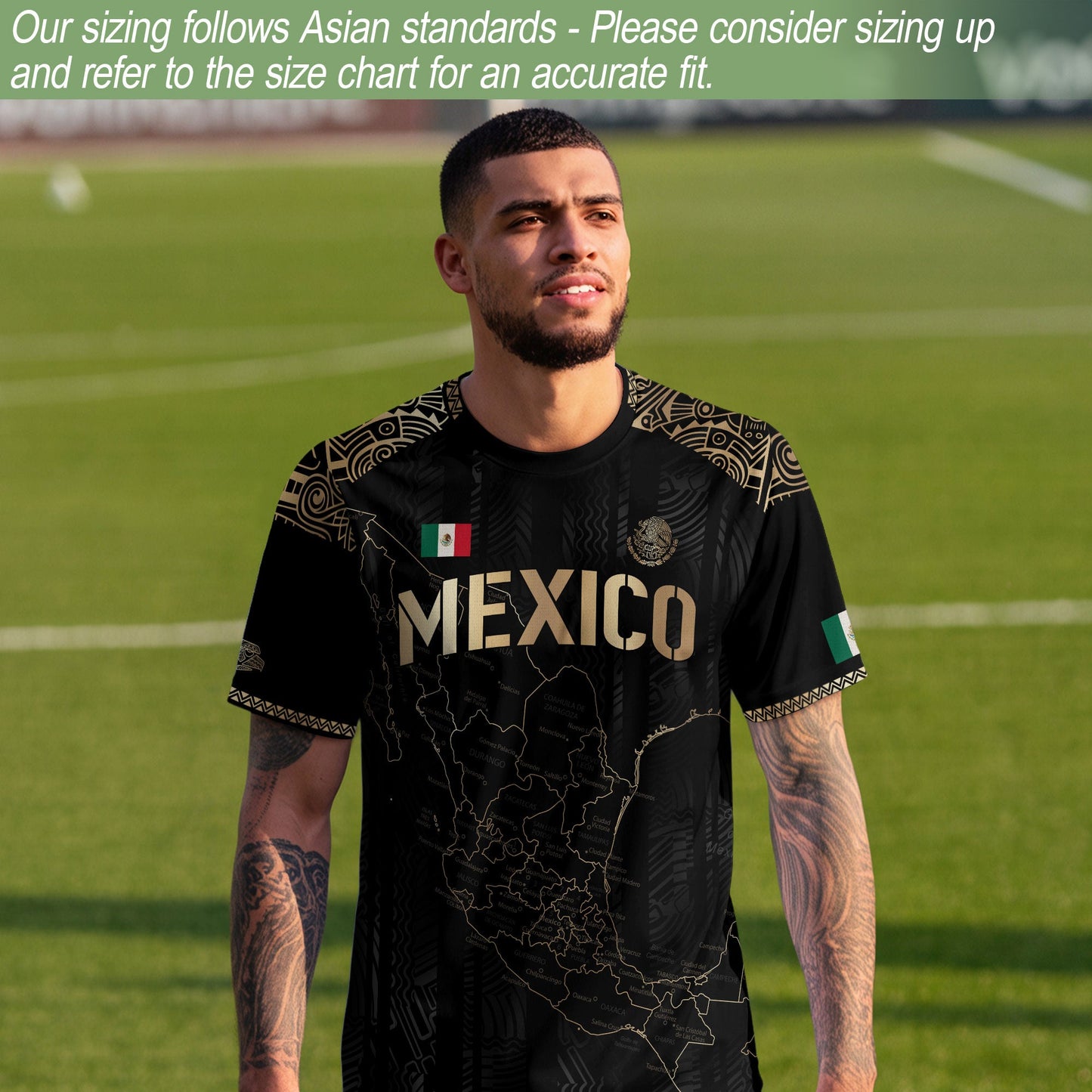 Mexico Black Heritage Map Soccer Jersey with Golden Aztec Details