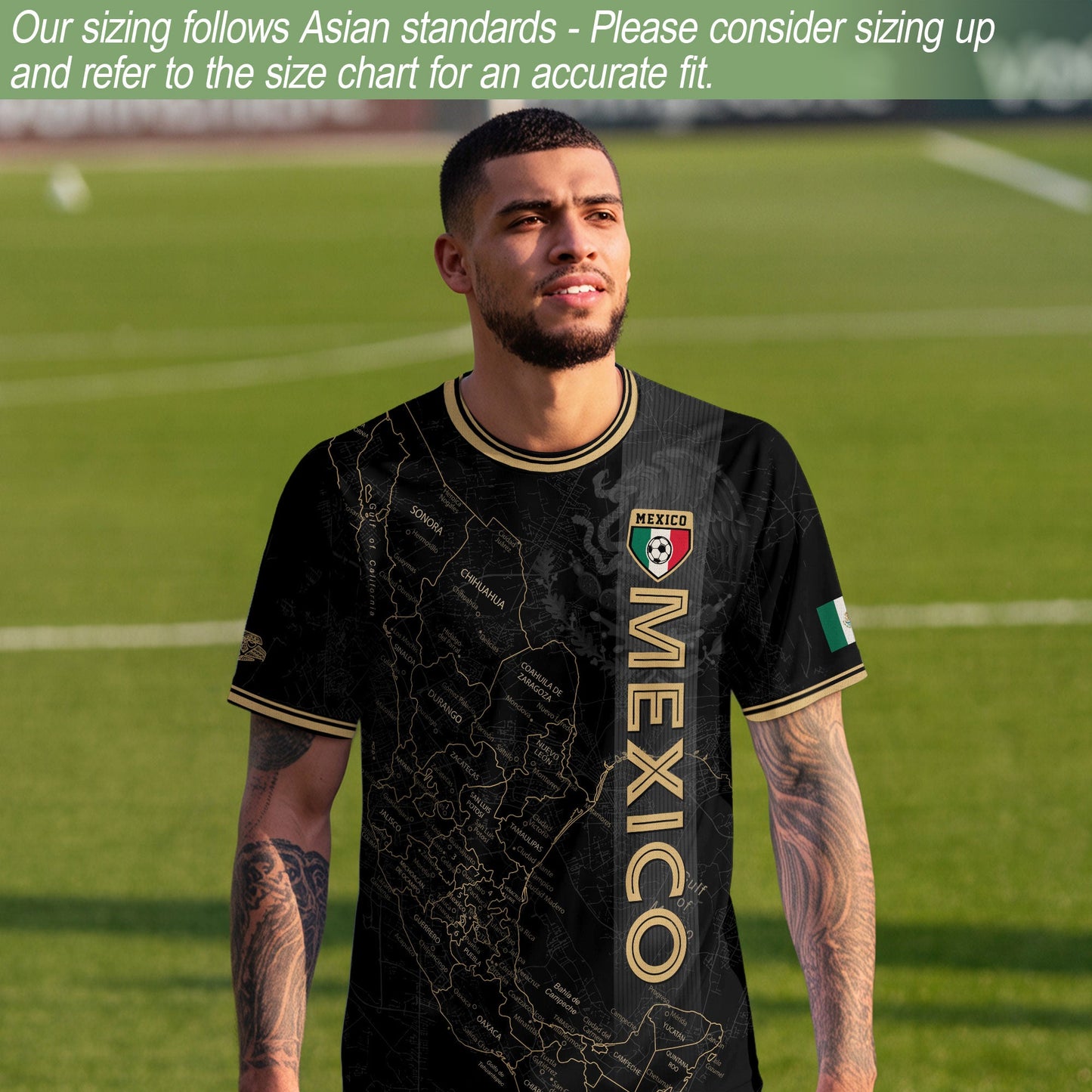 Mexico Black Heritage Map Soccer Jersey with Golden Aztec Accents