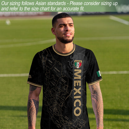 Mexico Black Heritage Map Soccer Jersey with Golden Aztec Accents