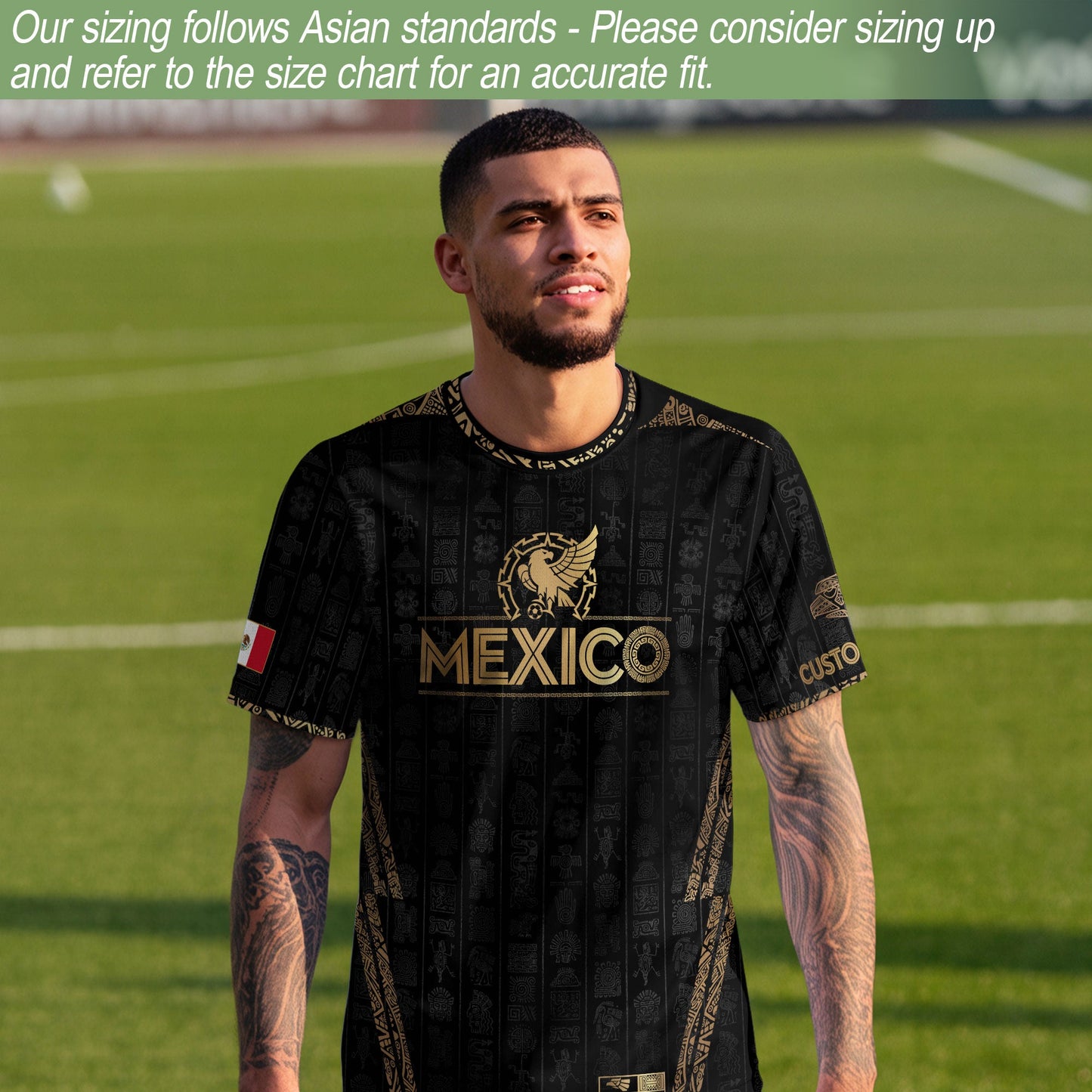 Custom Mexico Black Gold Soccer Jersey with Aztec Eagle Design
