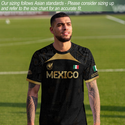 Custom Mexico Black Gold Soccer Jersey with Aztec Warrior Pattern