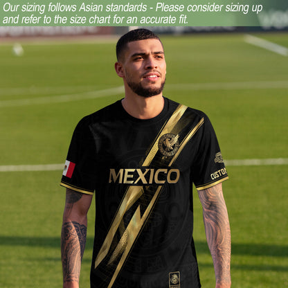 Custom Mexico Black Gold Soccer Jersey with Heritage Map Stripe Design