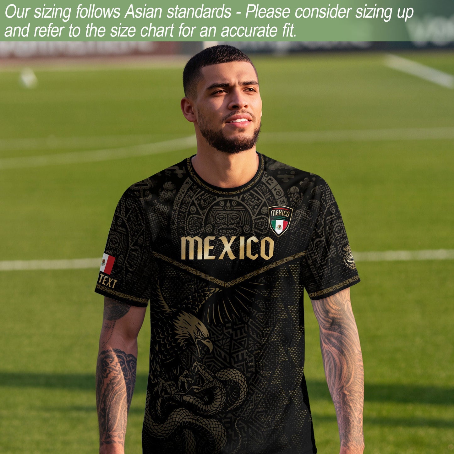 Custom Mexico Soccer Jersey Black Gold Aztec Eagle Serpent Design