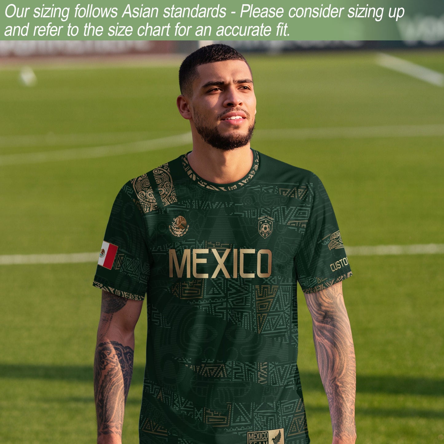 Custom Mexico Green Gold Aztec Pattern Soccer Jersey